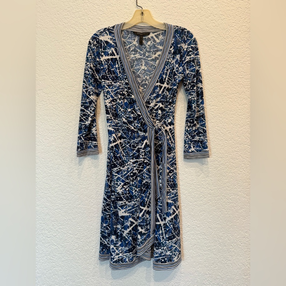 BCBGMaxAzria Blue and White Patterned Wrap Dress